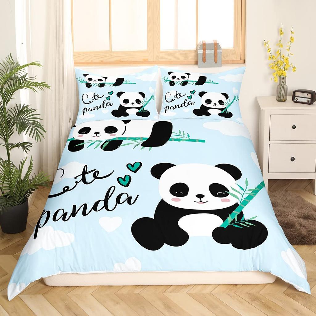 Kids Panda King Queen Duvet Cover Cute Animal Bedding Set For Boys Girls Cartoon Style 2/3pcs Quilt Cover Flower Comforter Cover