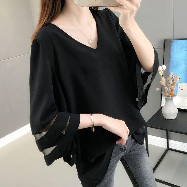 Chiffon Hollow White Out Organza Shirt For Women Summer New Korean Flared Sleeves Bottoming Blouse Loose V Neck Top L4xl