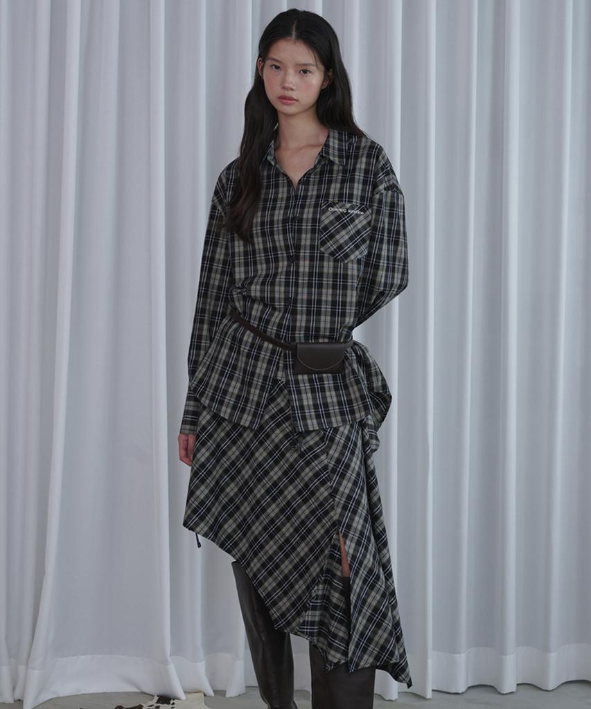 OPENING SUNSHINE Ribbon Detail Oversized Cotton Shirt_Check Black