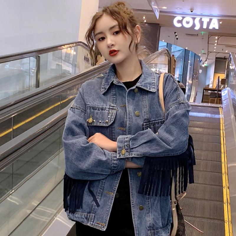 Женская джинсовая куртка 2025 года, осень, новая джинсовая рубашка с вышитыми кисточками, женские свободные повседневные пальто, модный дизайн, корейская версия Y2K