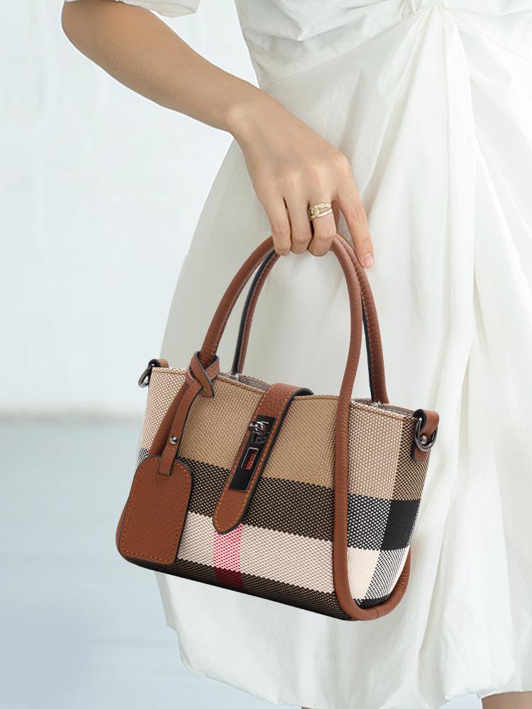 Aidrani Новая женская клетчатая сумка мини-стиля из парусины и коровьей кожи коричневого цвета