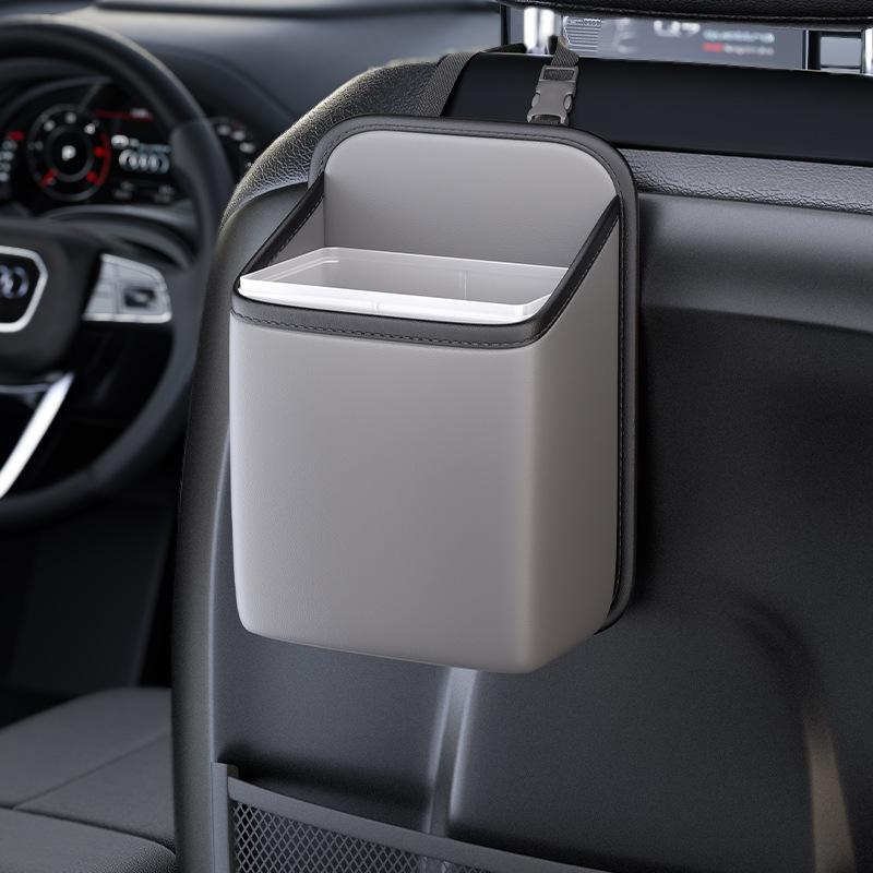 Car Trash Bin Leather Auto Seat Back Hanging Storage Box Bag Holder Rear Chair Trash Can Organizer Driver Side Pockets Garbage