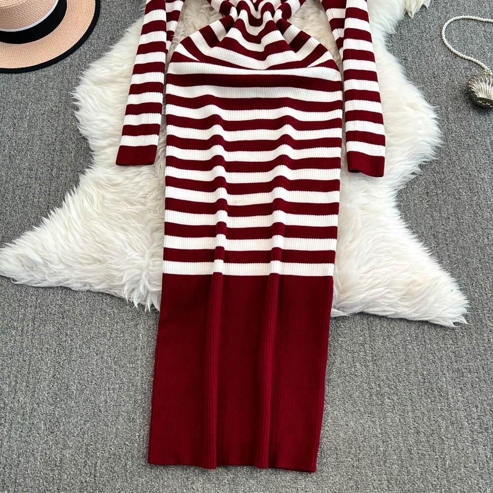 Платье-футляр с открытыми плечами Falda Sexy Mujer Slash Neck Striped Color Block Slim Knitted Bodycon Dress Autumn Wrapped Dresses ChicDresses