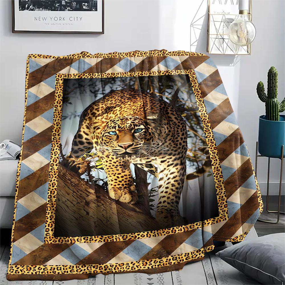 1Pc Lepoard Puzzle Print Flannel Blanket, High quality Comfortable for All Seasons, Home Decor, Warmth and Comfort, Perfect for Christmas Gifts