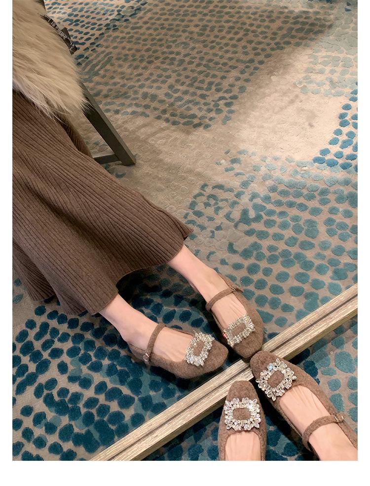 Wool Version~ Diamond Buckle Small Square Head with Woolen Thick Heel Mary Jane Single Shoes Women's Leather Small Heels Ladyshoes