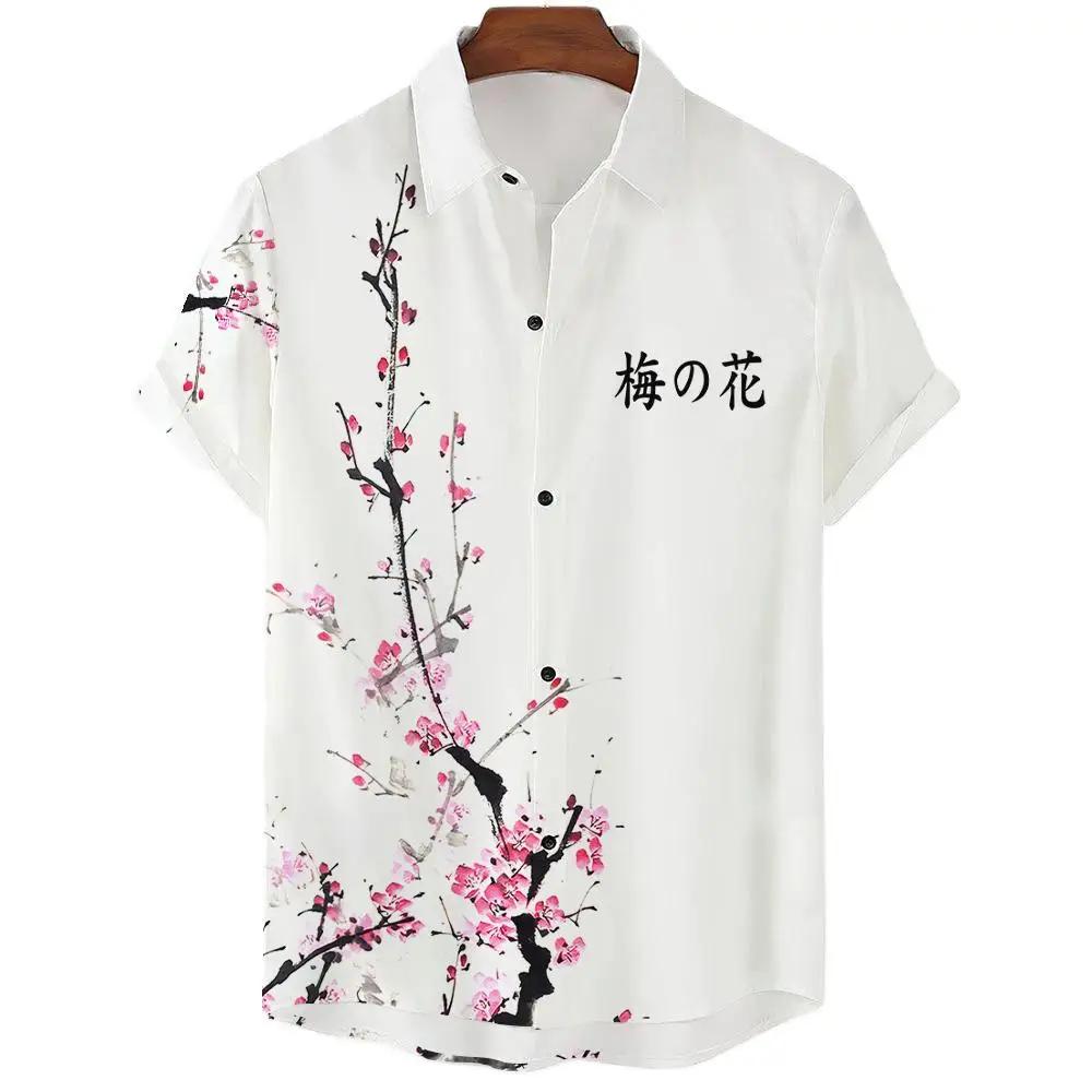 Japanese Aesthetic Cherry Blossom Print Men's Shirt Fashionable Luxury Lapel Button-down Shirt Casual Short-sleeved Tops
