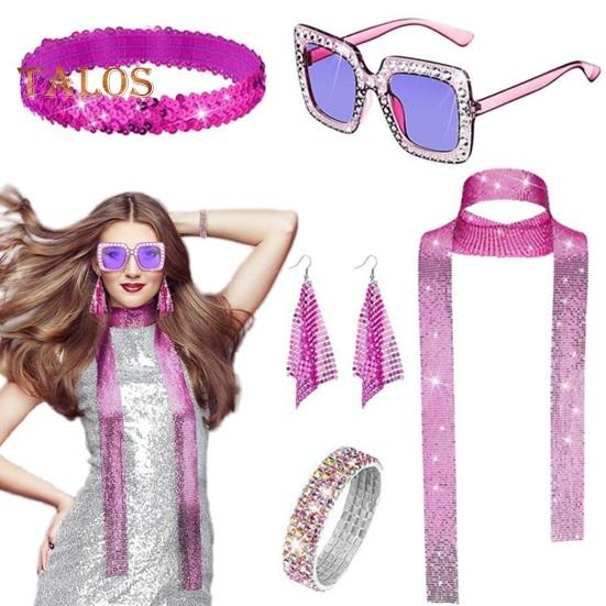 5 шт./компл. женский комплект ювелирных изделий с блестками и стразами, декор в винтажном стиле 60-х 70-х годов, сувениры для дискотеки, косплей, серьги, солнцезащитные очки, браслет, повязка на голову, шарф, комплект