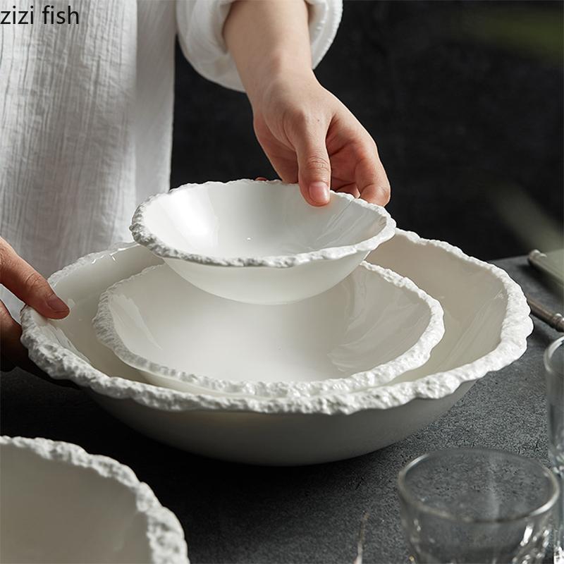 Креативная керамическая миска для лапши рамен неправильной формы, тарелки для фруктового салата, ресторанная однотонная посуда, суповая миска, десертная тарелка