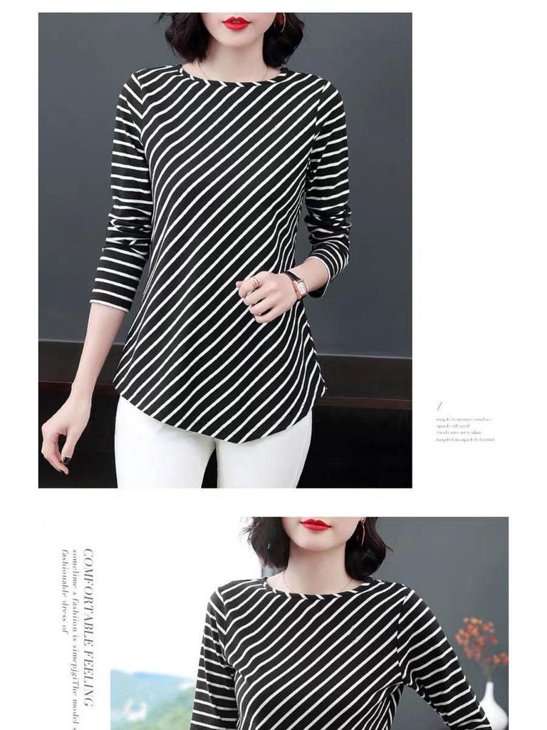 2022 Plus Size Women's Long Sleeve Striped T-Shirt - Loose Fit, Fashionable Spring/Autumn Top for Moms