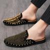 Fashion Luxury Trend Men Half Slippers Rock Punk Rivet Rhinestones Shoes Male Casual Mules Moccasins Breathable Loafers Zapatos Hombre