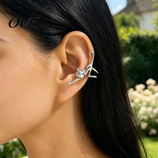 Серьга из сплава 1 шт. Милый Кот Манжета для Уха Женская, Забавная Клипса Котёнок Женская, Обвивающая Ухо Животное, Без Прокола