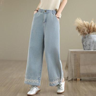 Большой размер винтажная вышивка цветочный высокая талия повседневные свободные женские летние осенние весенние джинсы деним прямые брюки