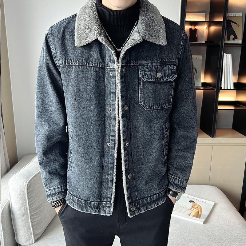 New Winter Sherpa Men's Thickened Jacket Denim Plus Velvet Lapel Top Casual Trendy Plus Size Jacket