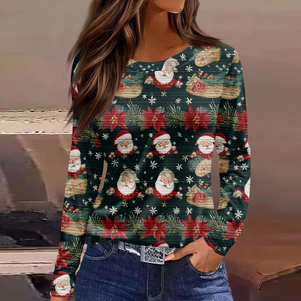 Women's Fashion Hem Slit Casual Christmas Printed Round Neck Long Sleeve Top