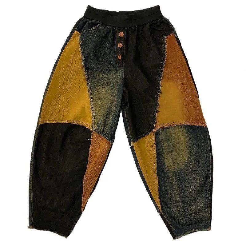 Свободные женские джинсовые брюки большого размера в винтажном стиле, лоскутные джинсы с высокой талией, женские брюки 2023, весенне-осенние новые шаровары