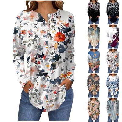 Модная свободная футболка с длинным рукавом и цветочным принтом на пуговицах, топ-пуловер
