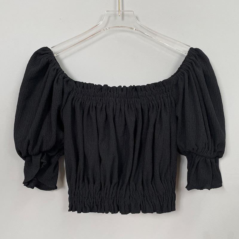 Корейский укороченный топ с рюшами, открытыми плечами, пышными рукавами и кружевом