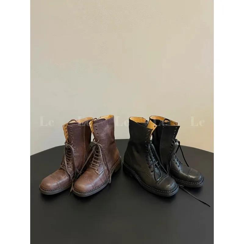 Женские ботильоны на шнуровке для девочек, ковбойские мотоциклетные тренды, новая мода в стиле рок-панк, дизайнерская обувь на низком каблуке, кожаные сапоги с круглым носком