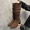Модные женские сапоги до колена, осенне-зимняя женская обувь, модные слипоны, складки, низкий каблук, круглый носок, плоские длинные сапоги