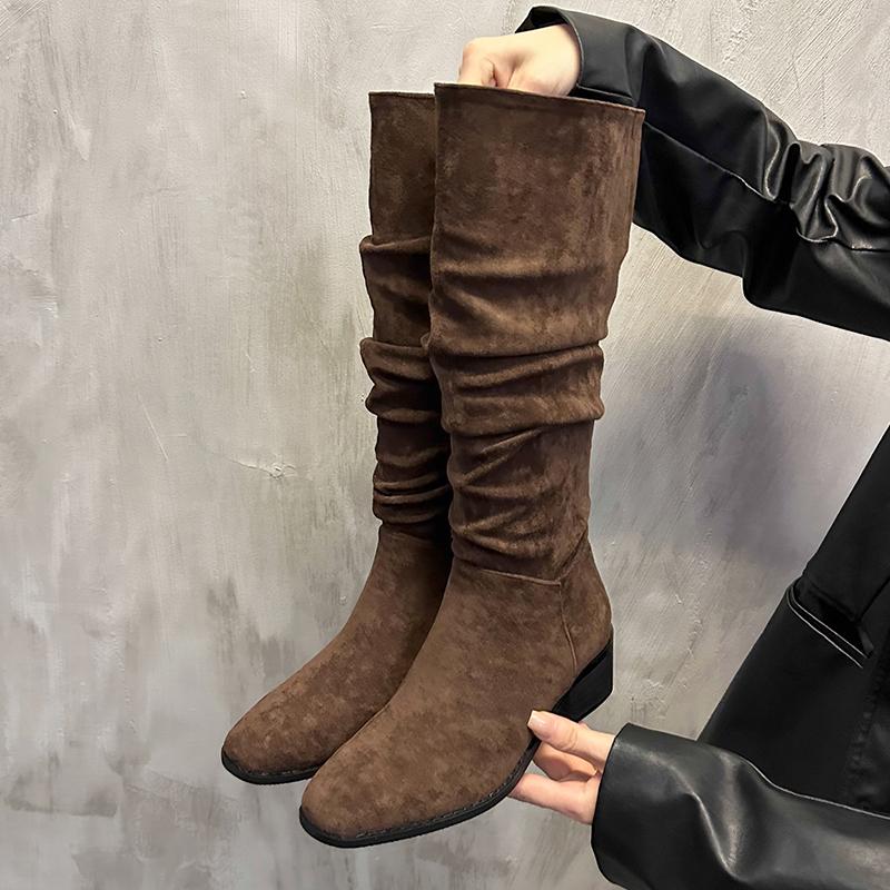 Модные женские сапоги до колена, осенне-зимняя женская обувь, модные слипоны, складки, низкий каблук, круглый носок, плоские длинные сапоги