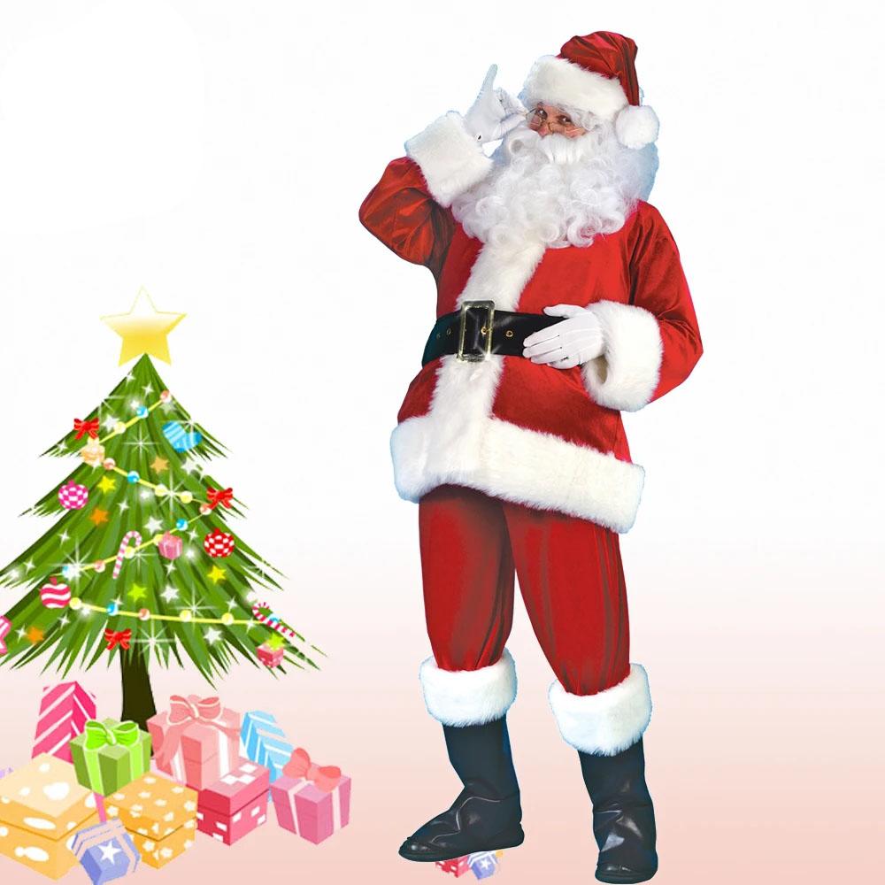 7 шт./компл. роскошный рождественский мужской костюм Санта-Клауса, комплект для взрослых, костюм Санта-Клауса
