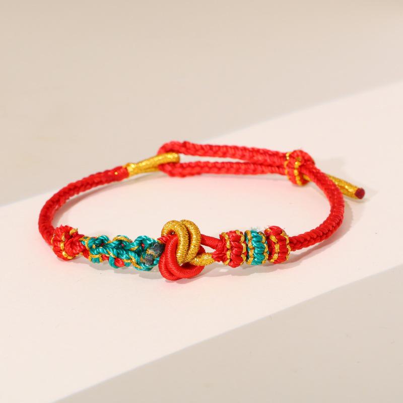 Плетеная браслет с узлом-ямочкой: Полуфабрикаты ручной работы из веревки с золотыми бусинами и красным плетеным дизайном для женщин
