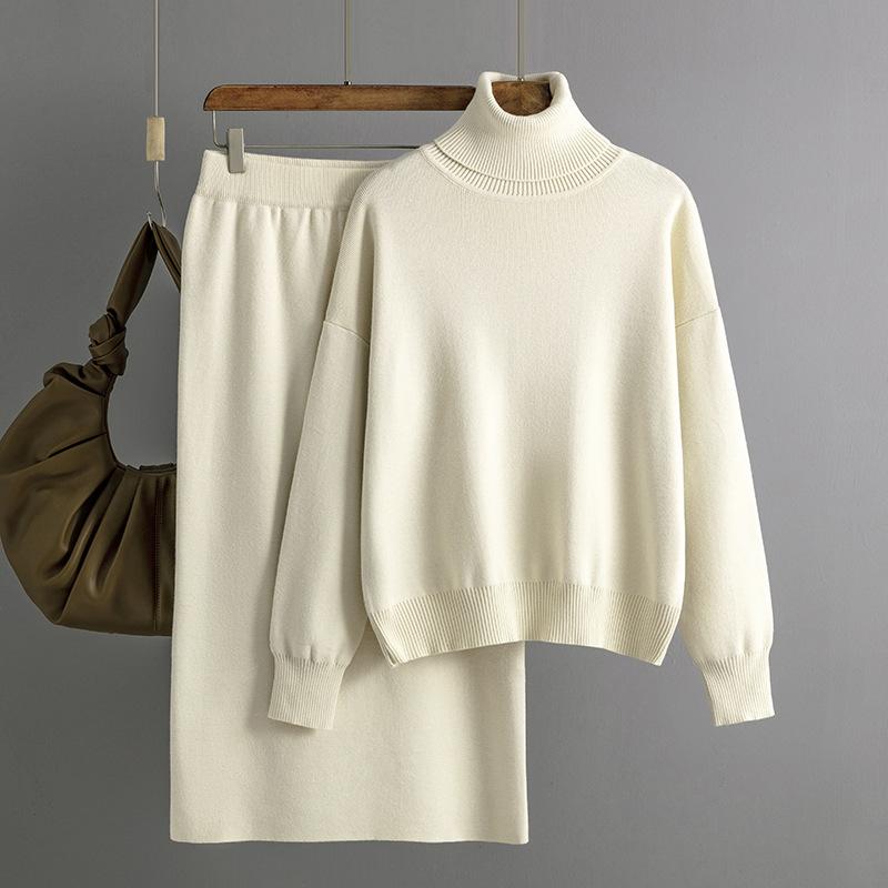 Women's Turtleneck Sweater Knit Skirt Two-piece Set Autumn Winter Knit Suit Knitted Pencil Skirt Turtleneck Sweater Skirt Set