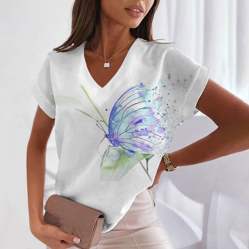 Women's V-neck Peacock Print Short Sleeve Tops Harajuku Oversized Tee Shirt Fashion Elegant Tees Casual Pullover Summer Clothing