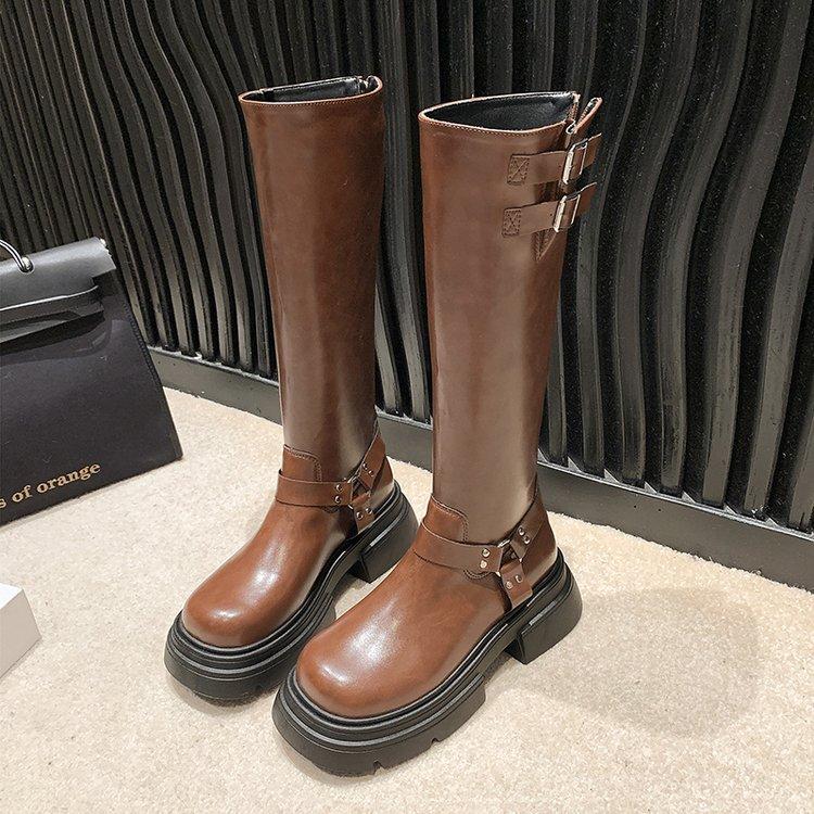 ЖЕНСКИЕ сапоги в стиле панк с массивной металлической пряжкой, высокие, до колена, осенние, новые, сексуальные, тонкие, черные, из кожи, с квадратным каблуком 6 см, туфли для подруги