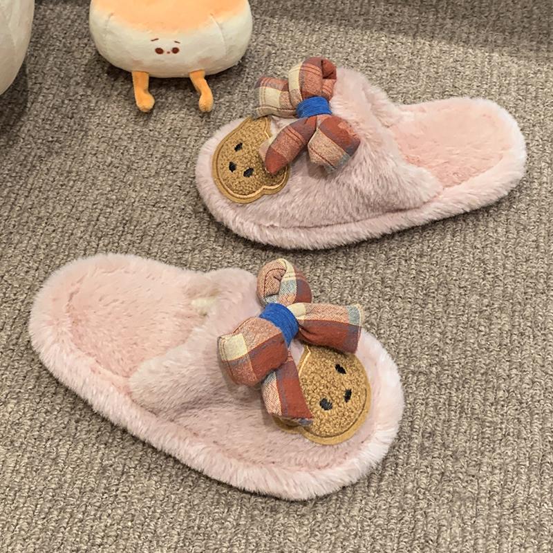 Шикарные детские тапочки для девочек с милым медвежонком и бантом, детская зимняя обувь, мягкая подошва, пушистая, модные, милые, хлопковые тапочки для малышей