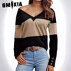Женская футболка с длинным рукавом с контрастными цветами, женская повседневная футболка с V-образным вырезом и цветными блоками на пуговицах