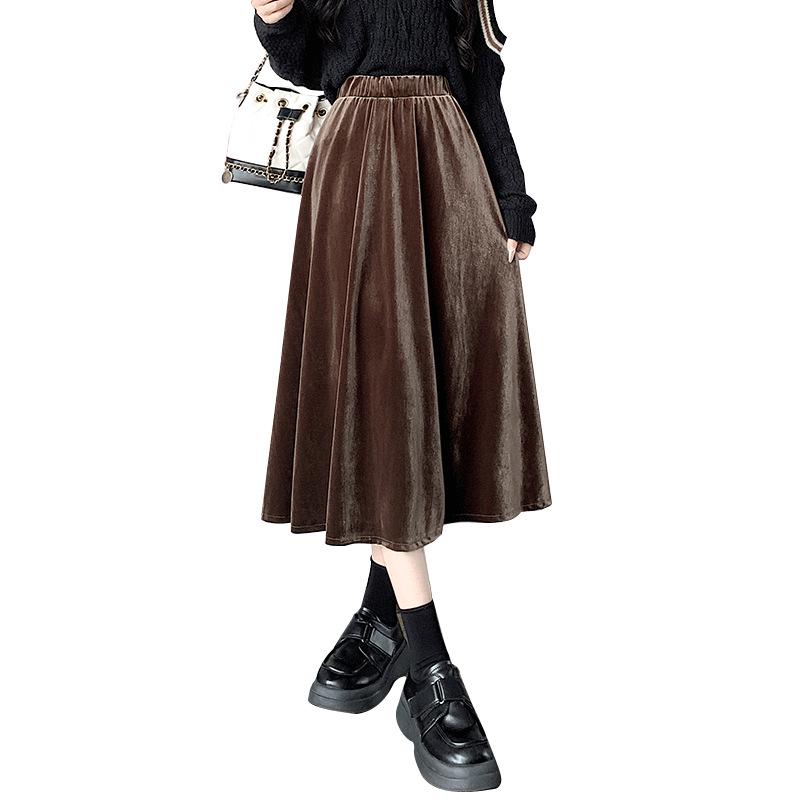 2024 Осень/Зима Женская черная бархатная юбка А-силуэта в стиле ретро средней длины с высокой талией