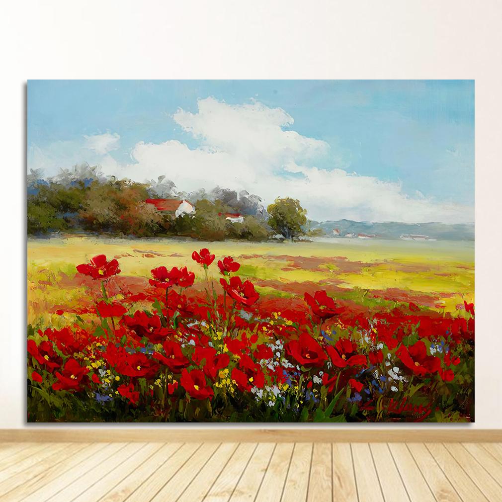 Poppies Landscape Oil Painting on Canvas Modern Pastoral Poster Art Wall Picture for Living Room Print Abstract Wild Red Flower