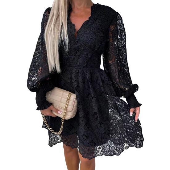 Женское осеннее платье, кружевное ажурное трапециевидное платье со свободным подолом, v-образным вырезом и длинным рукавом, однотонное женское платье миди длиной до колена