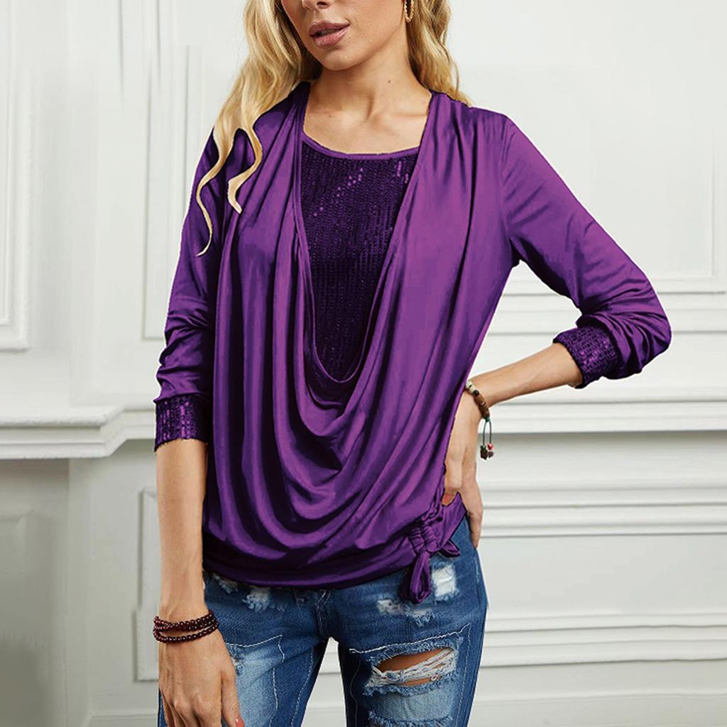 Женский сплошной цвет с блестками и длинным рукавом, большой воротник с подвеской, свободный топ из двух частей с завязками