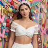 Women Short T-shirt Cropped Top with Lace Sleeve, Ruched V-Neck German Oktoberfest Costume Shirt Dirndl Blouse, Off-Shoulder Bavarian Sleeve Tee