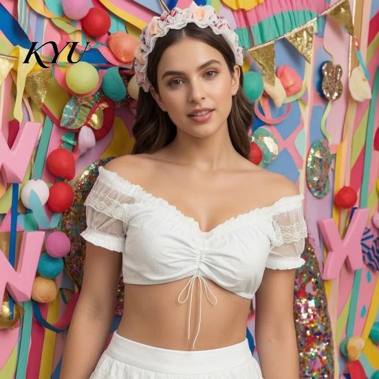 Women Short T-shirt Cropped Top with Lace Sleeve, Ruched V-Neck German Oktoberfest Costume Shirt Dirndl Blouse, Off-Shoulder Bavarian Sleeve Tee
