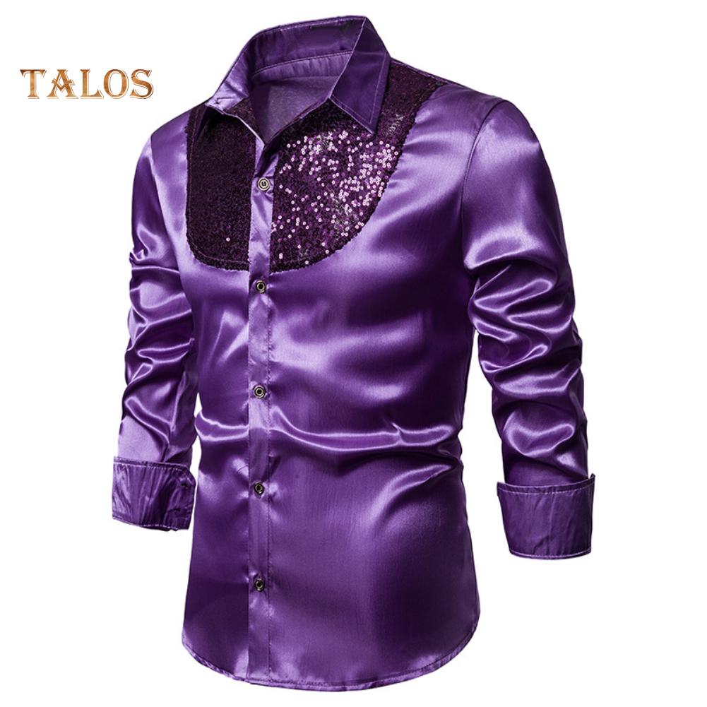 Men Solid Color Long Sleeve Shiny Sequins Buttons Stage Business Nightchlub Shirt