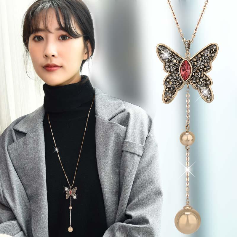 2020 Light Luxury Micro-Inlaid Butterfly Sweater Chain Women'S Same Temperament Long Necklace Pendant