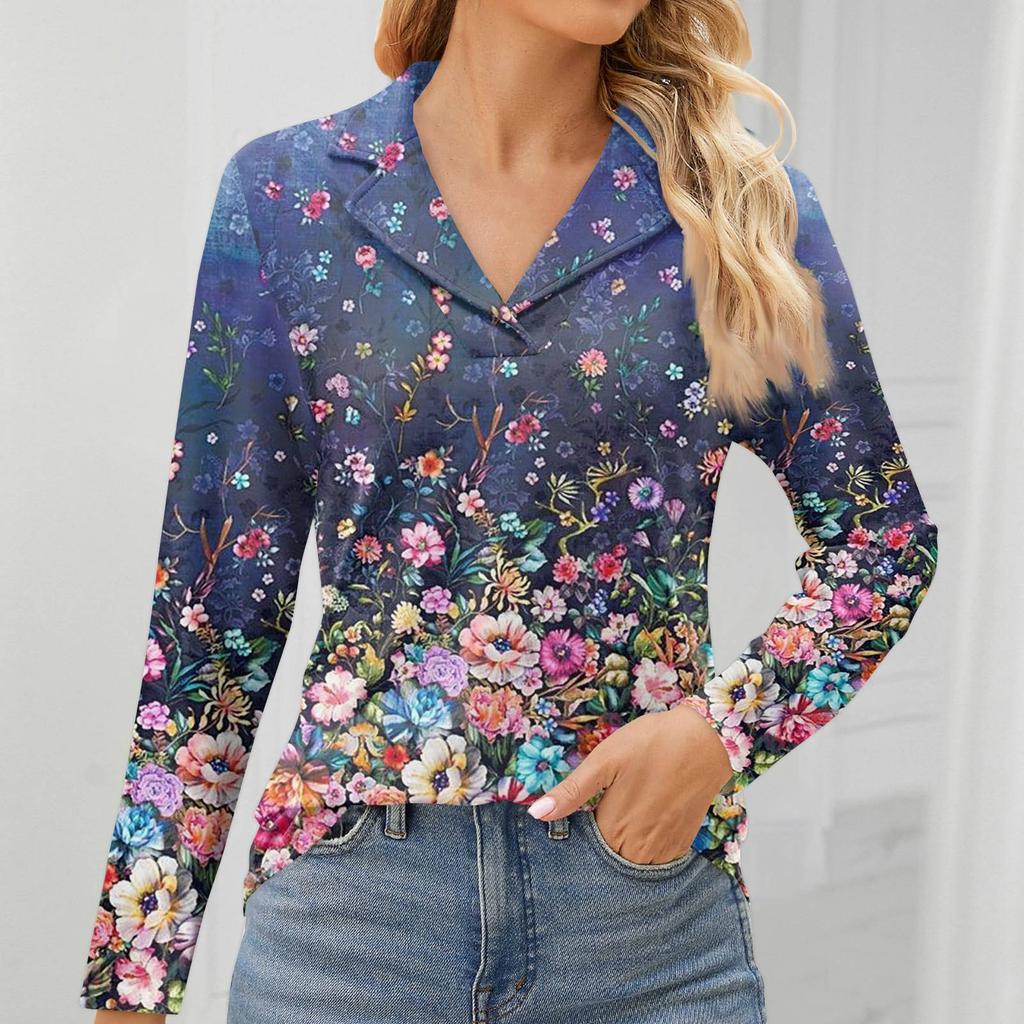 Женская мода для отдыха с длинным рукавом и V-образным вырезом с цветочным принтом