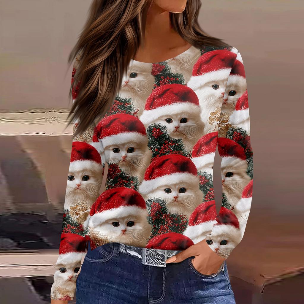 Women's Fashion Hem Slit Casual Christmas Printed Round Neck Long Sleeve Top