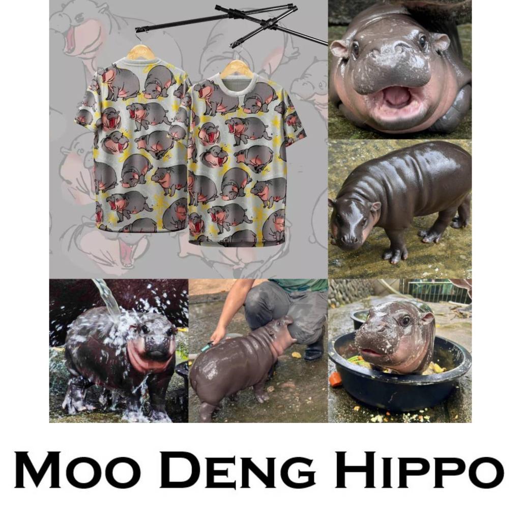 Moo Deng Tiny Baby Hippo Star Thailand Cute Pygmy Hippo Unisex Men Women Kid T-Shirt Sport Print Short Sleeve Round Neck
