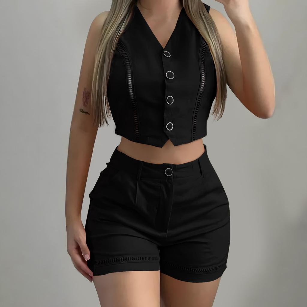 Women's Summer Fashion Casual Button Vest Shorts Suit Women's Clothing