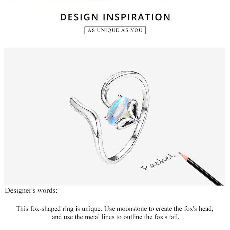 Женское регулируемое кольцо BAMOER из стерлингового серебра 925 пробы с элегантным лунным камнем и лисой, ювелирные украшения
