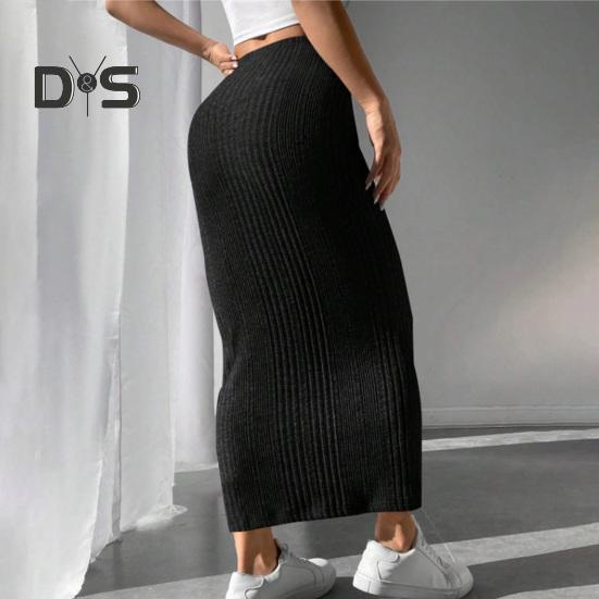 Women Fall Winter Skirt High Waist Knitted Elastic Thick Warm Ankle Length Striped Slim Fit Soft Sheath Lady Maxi Skirt