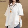 Women Summer Casual Shirt Collar Half Sleeve Loose Diagonal Button Solid Color Blouses