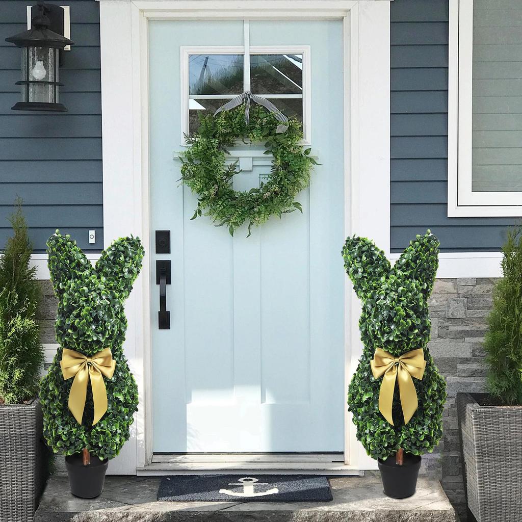 Декоративное искусственное дерево с золотым бантом, имитация самшита, подходит для внутреннего и наружного украшения крыльца