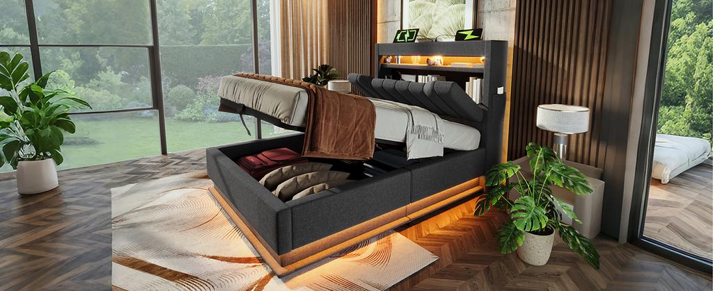 90x200cm Upholstered Single Bed, Headboard with USB Type-C Ports, LED Lighting Head and Foot End, Hydraulic Storage, Gray, Linen (Without Mattress)