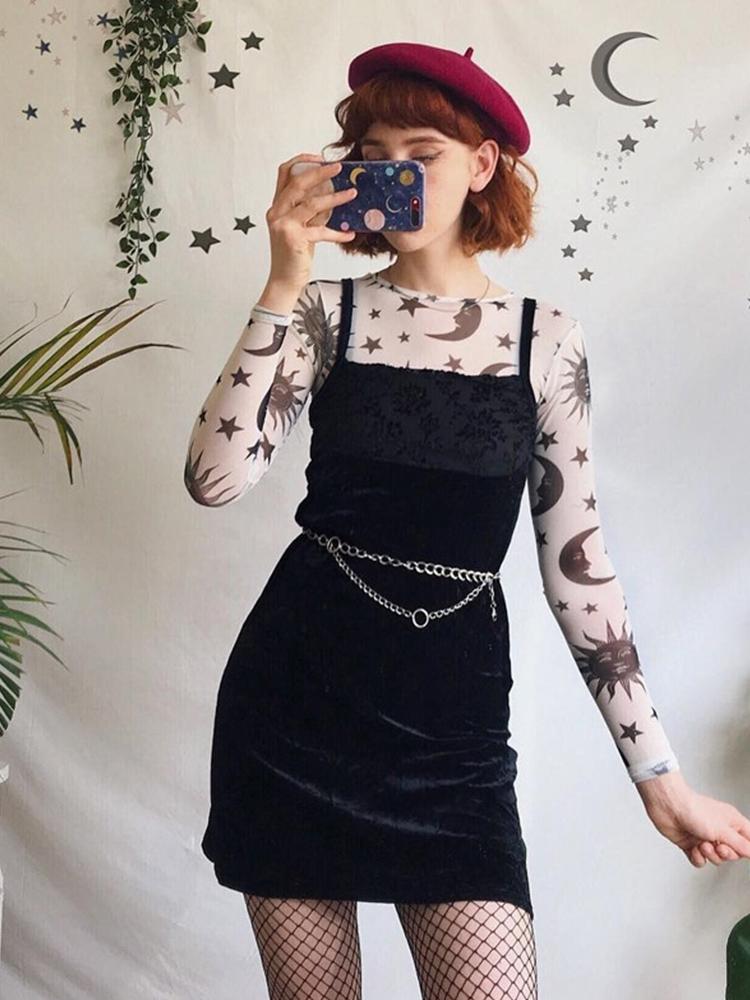 Прозрачная сетчатая сексуальная футболка с принтом Солнца и Луны, женская тонкая базовая повседневная футболка с круглым вырезом и длинным рукавом, новинка весны