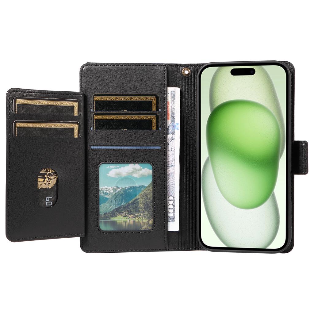 For iPhone 15 Case with Multi-Card Holder and Strap PU Leather Phone Cover Stand